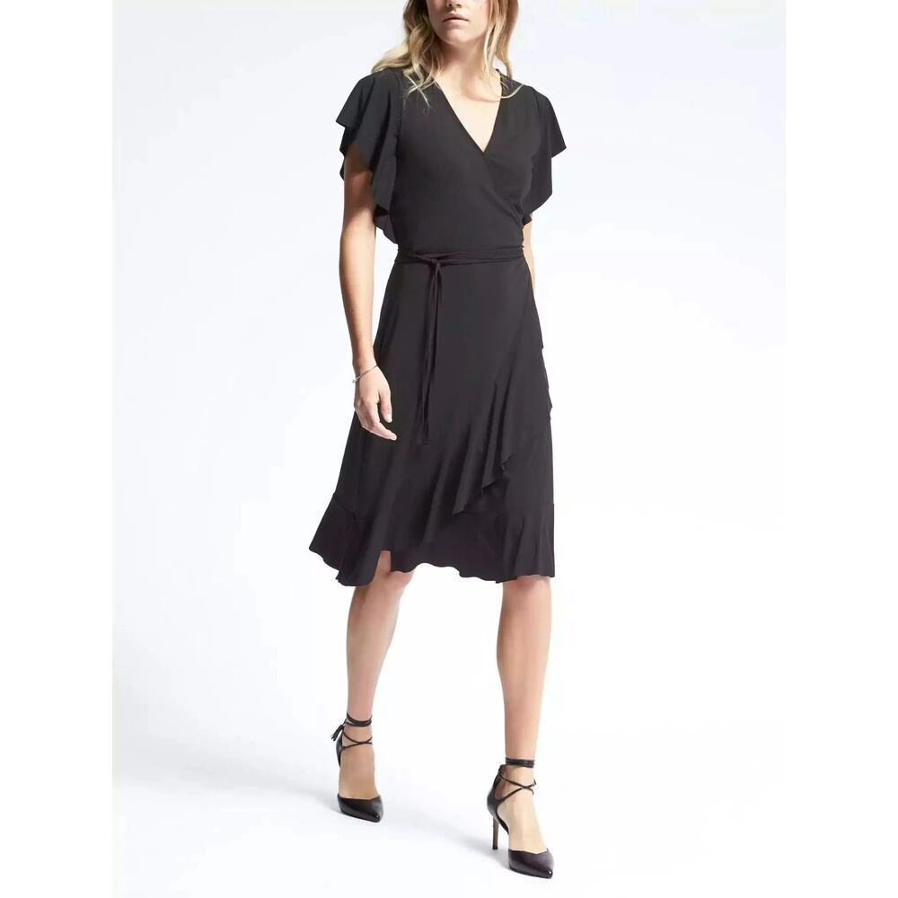 Banana Republic Short Sleeve V-Neck Flounce Wrap Dress Black Women's Size M NWT